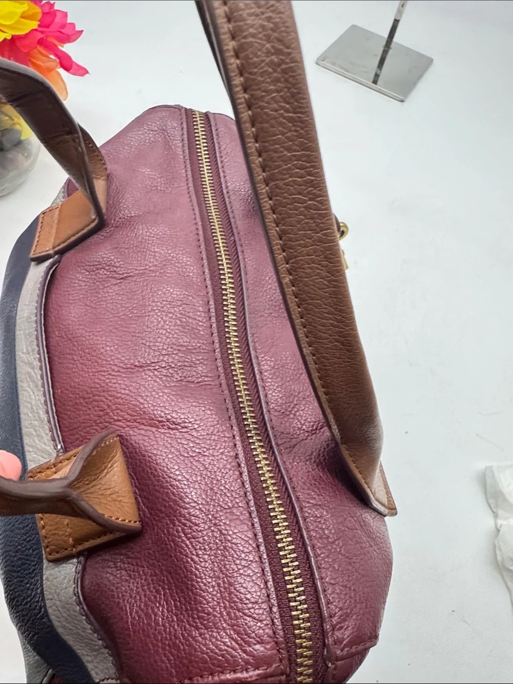 Fossil Leather Colorblock Satchel Bag in Burgundy, Navy & Gray